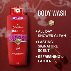 Old Spice Body Wash for Men, 24/7 Shower Fresh & Clean w/Daily Use, Lasting Signature Scent, Refreshing Lather, Moisturizing Formula, Karma with Cherry Spice, Black Pepper, & Sandalwood Scent, 24 oz