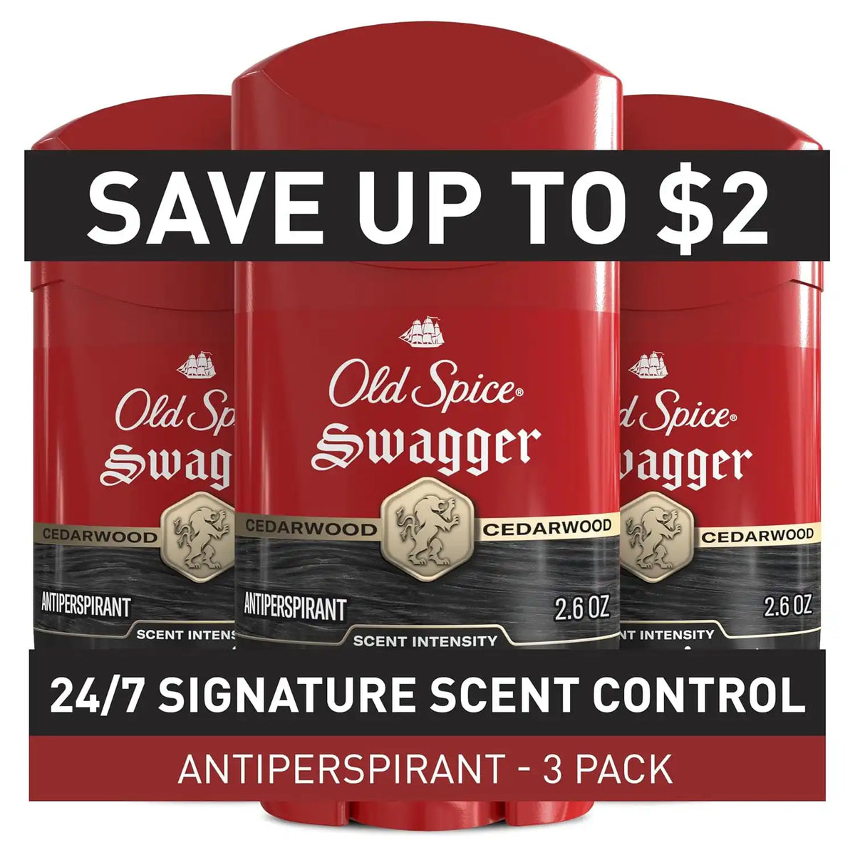 Old Spice Antiperspirant Deodorant for Men, 24/7 Sweat & Odor Protection, 24/7 Lasting Freshness, Invisible Solid, Swagger with Cedarwood Scent, 2.6 oz (Pack of 3)